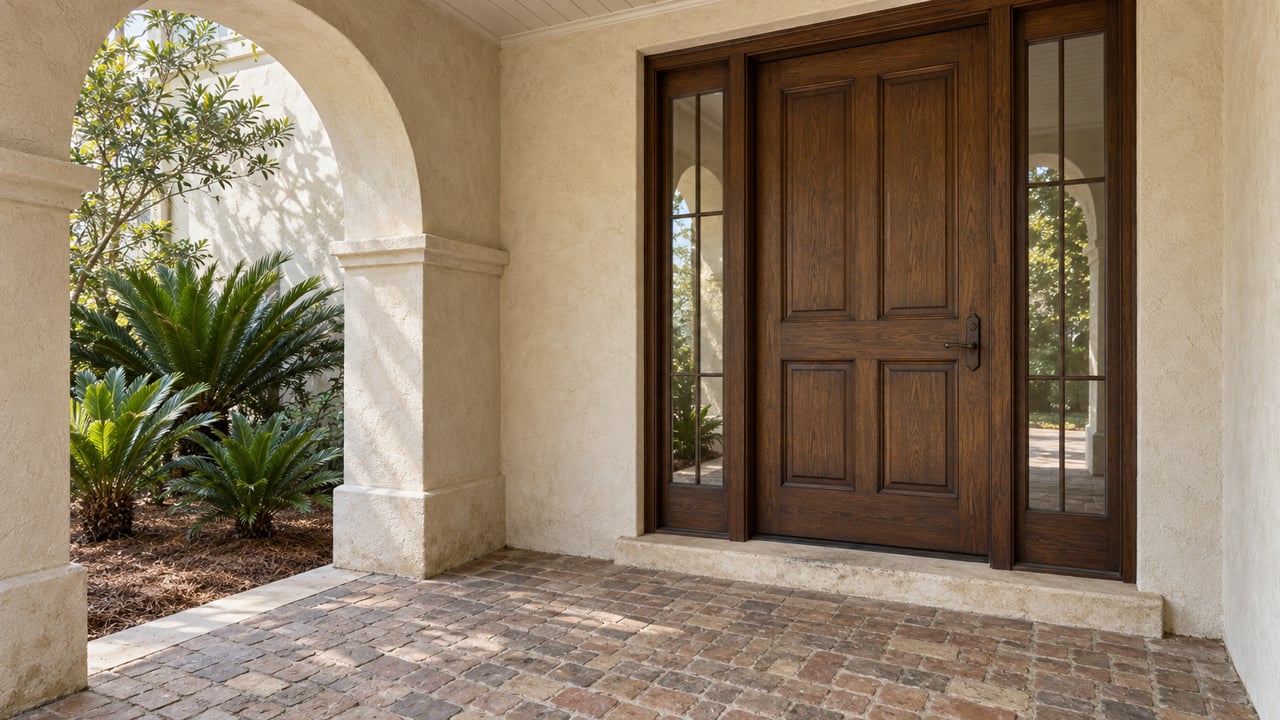 Covered stucco entry with an oak door, paired sidelights, aged brick pavers and three coontie plants beside a limestone border.