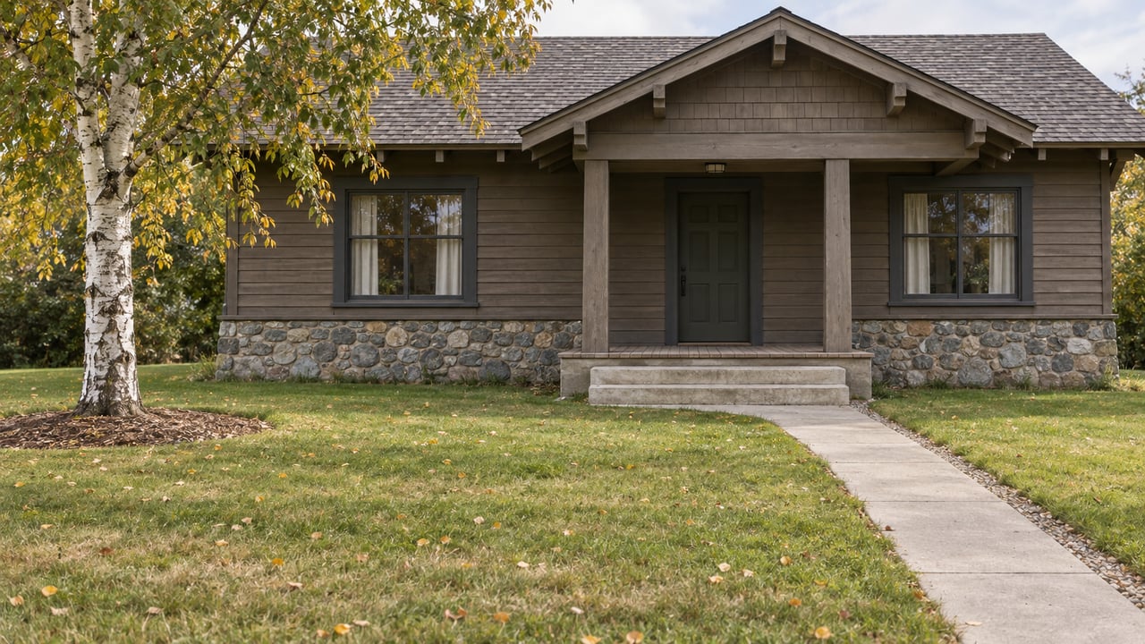 Rustic brown building with a stone foundation, covered entrance, and birch tree beside the lawn.