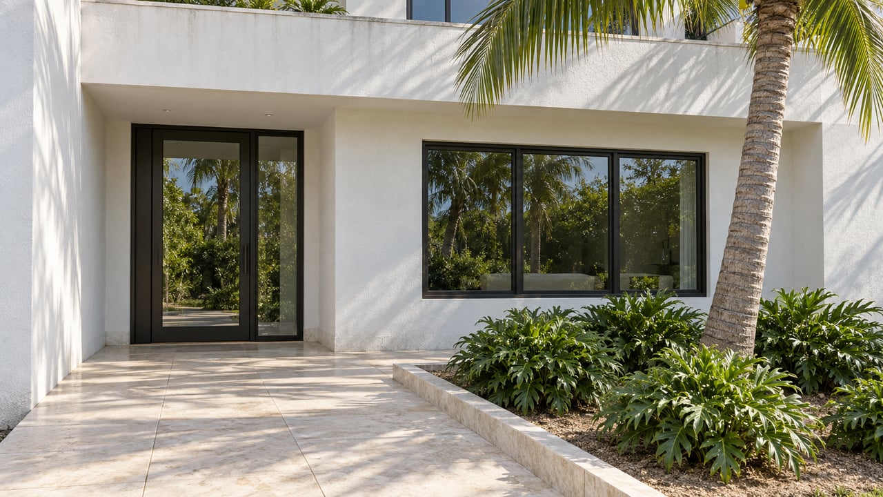 Modern home entry with black-framed glass and tropical landscaping along a pale stone walkway.