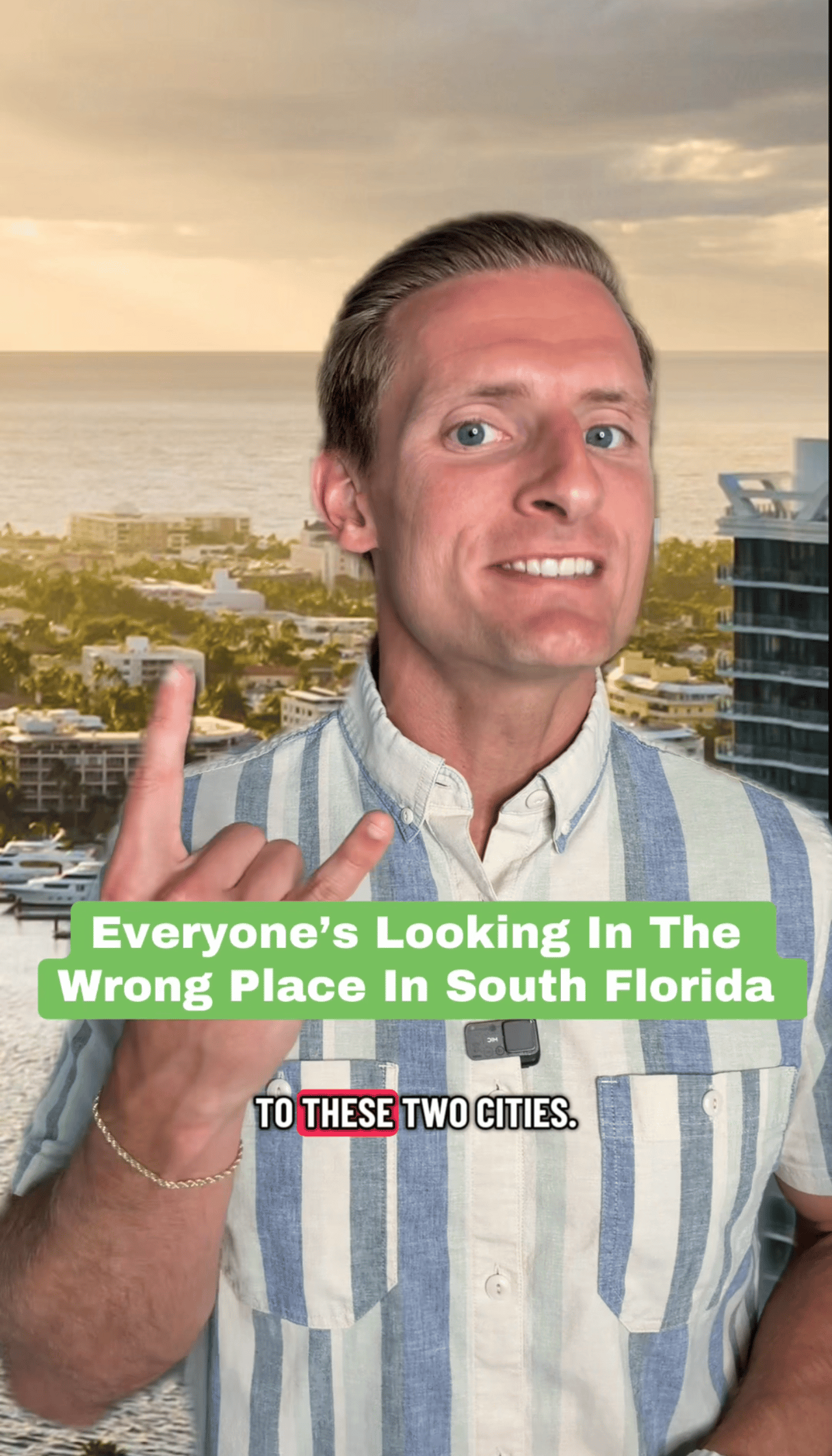 Man gestures in front of an oceanfront cityscape beneath a headline about South Florida.