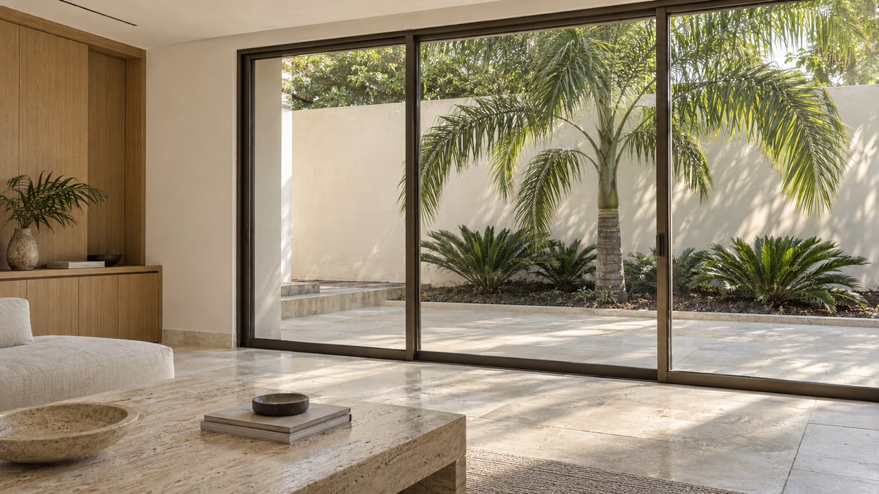 Living room with closed bronze-framed glass doors opening onto a limestone terrace with a palm and low cycads.