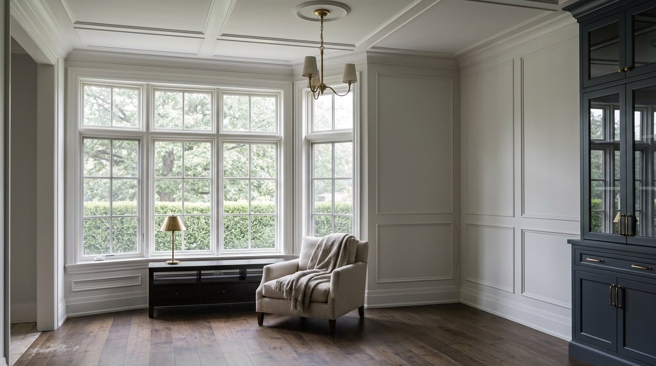 Formal living room with a tall multi-pane window, charcoal built-ins, paneled walls, and dark wood flooring.