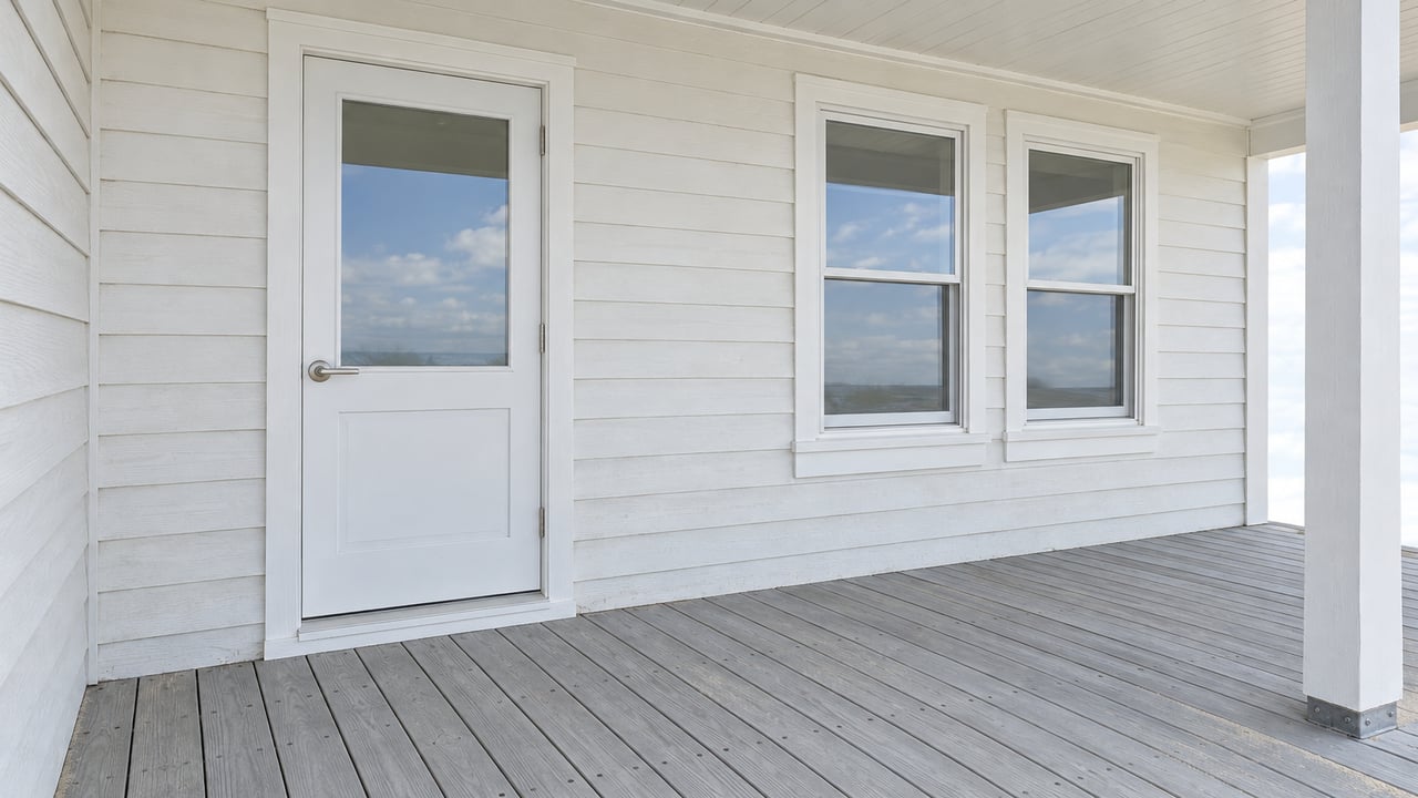 Pale siding, paired windows and a closed glazed entry door above a weathered gray porch deck.