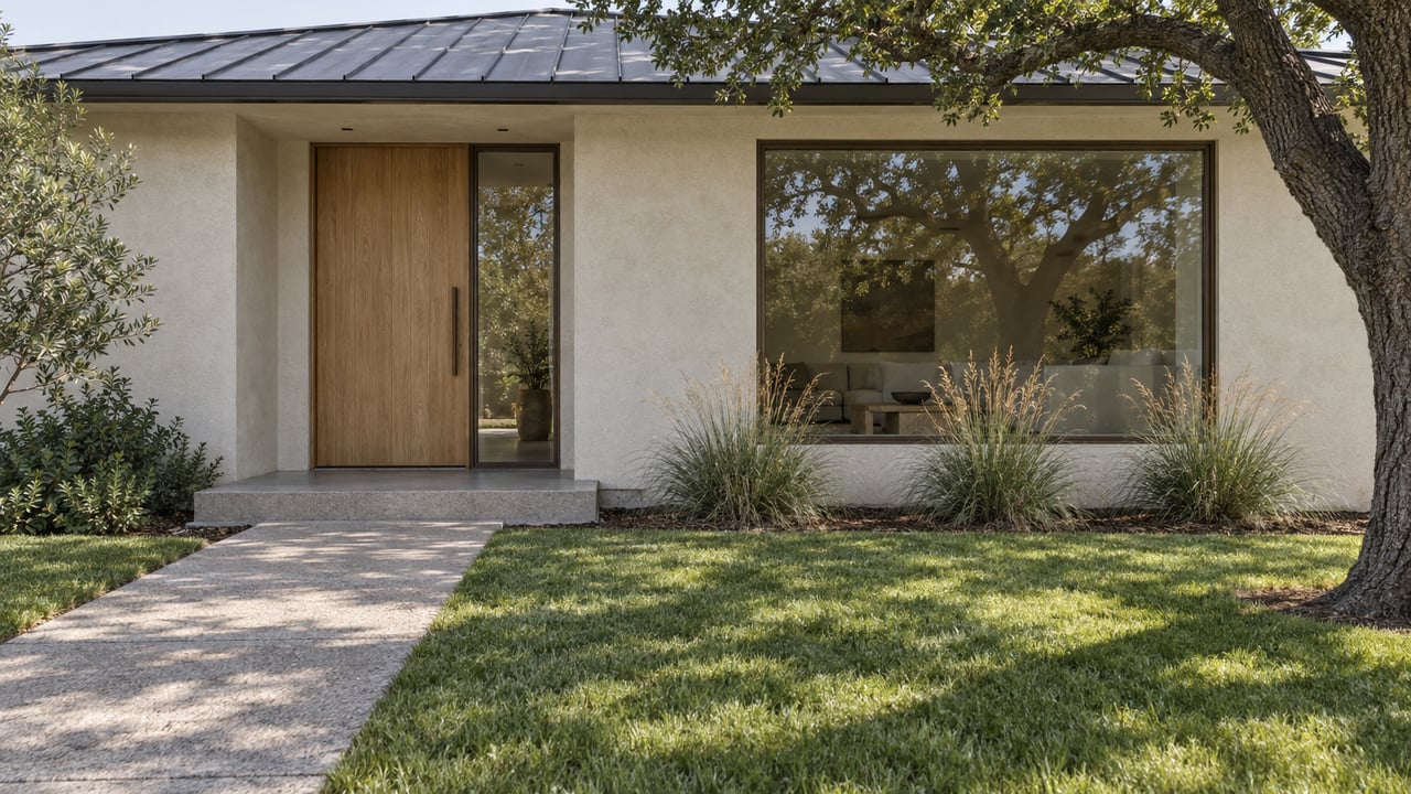 A single-story home with ivory stucco, a recessed oak entry, bronze-framed glazing, and a concrete walk across a shaded front lawn.
