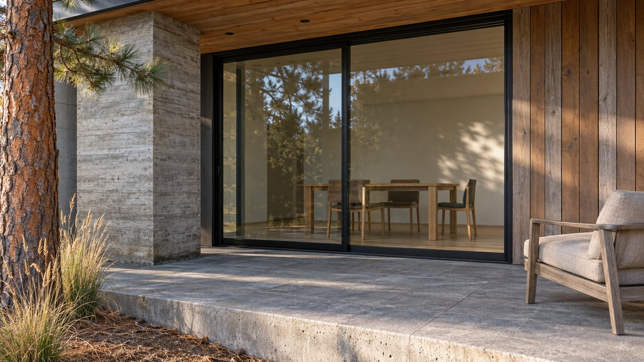 Wood-clad home with a covered stone terrace, concrete pier, teak chair, and glass doors into an oak-furnished dining room.