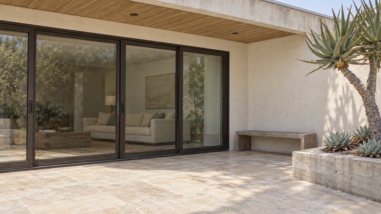 Pale stucco home with cedar soffit, bronze-framed sliding glass doors and a limestone terrace beside sculptural aloe planting.