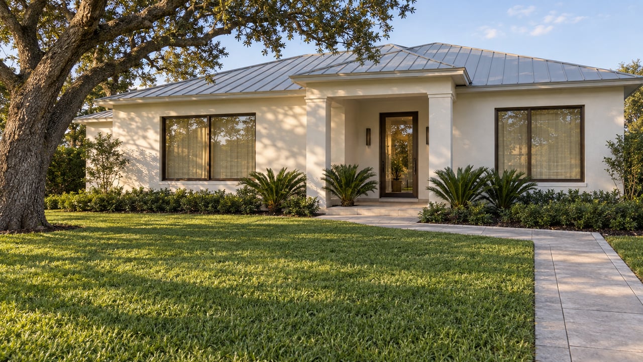 Light-stucco home with a silver metal roof, broad front lawn, shaded entry and a mature spreading oak.