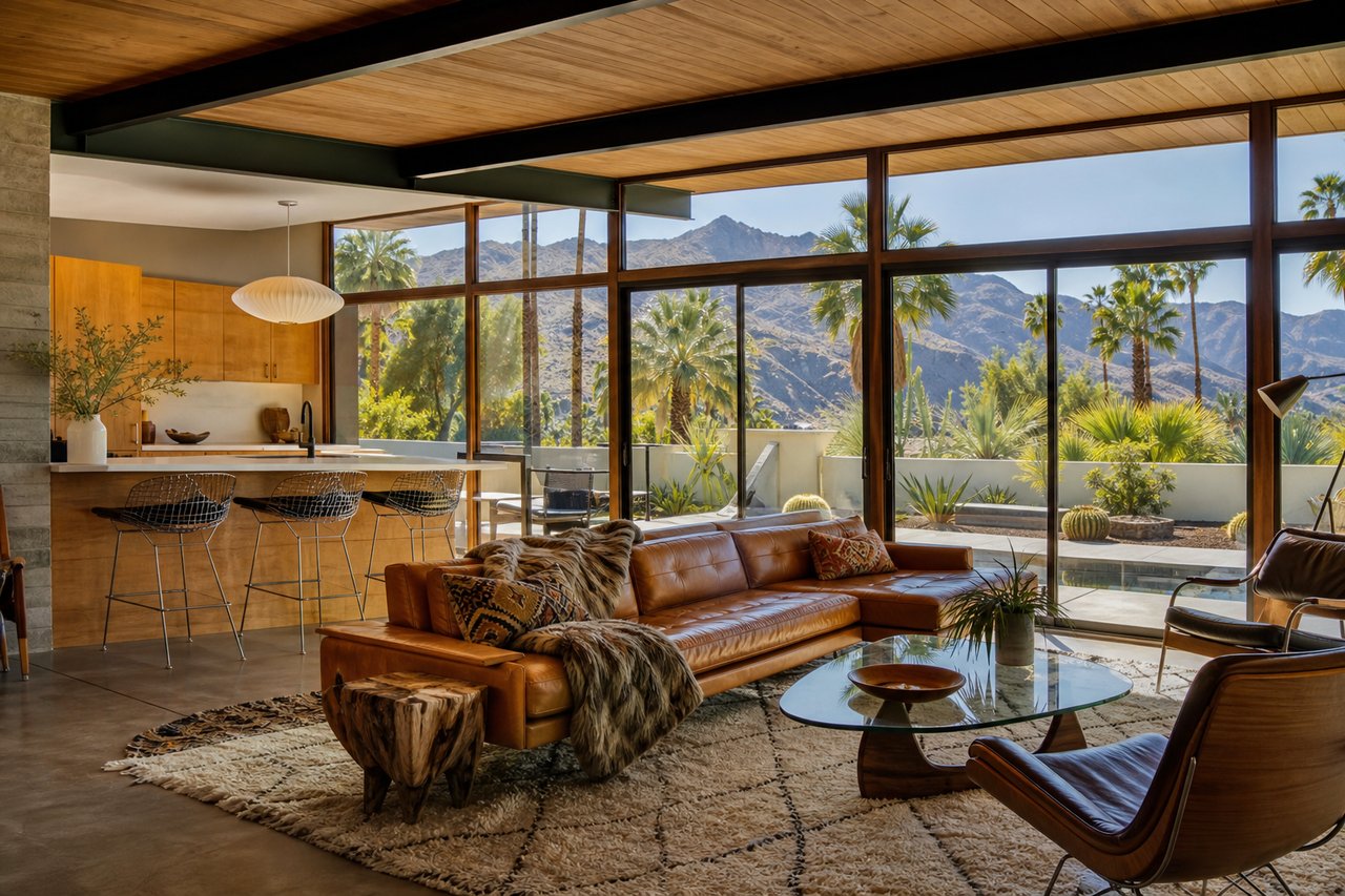 Mid-century modern living room with leather seating and floor-to-ceiling windows overlooking palms and desert mountains.