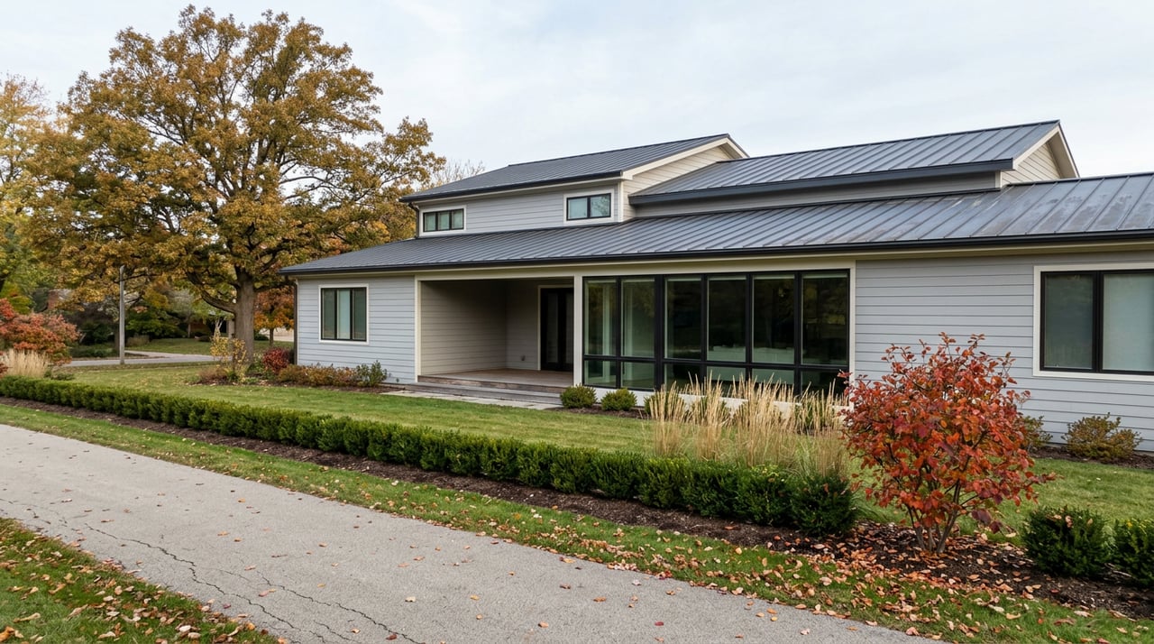 Contemporary gray two-story home with broad dark-framed windows, fall plantings, lawn, and paved trail in foreground.