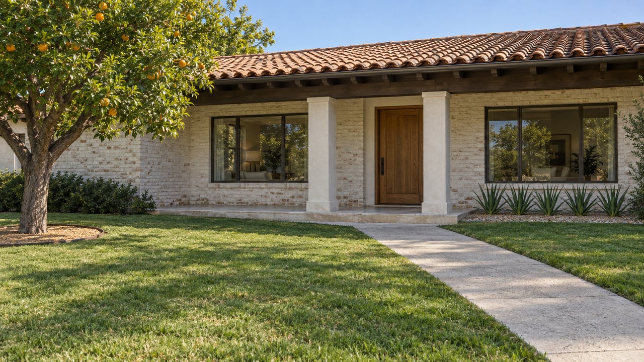 Single-story cream brick home with a clay tile roof, shaded porch, deep green front lawn and mature orange tree.