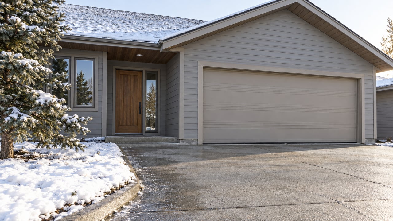 Thin snow rests on a gray gabled home beside a cleared concrete approach, enclosed timber entry and attached two-car garage.