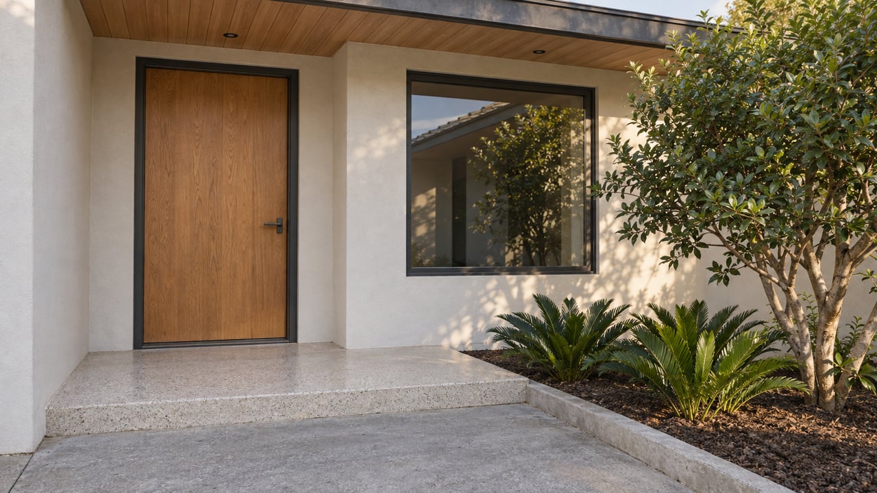 Contemporary stucco home entry with an oak door, charcoal-framed window, raised terrazzo landing and carefully placed native planting.