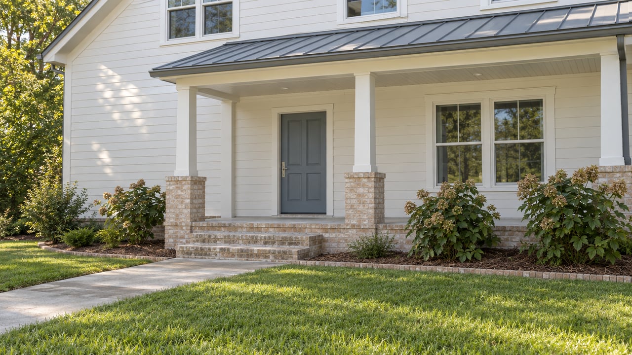 White-sided two-story home with a blue-gray front door, brick porch steps and a concrete approach through a deep green lawn.