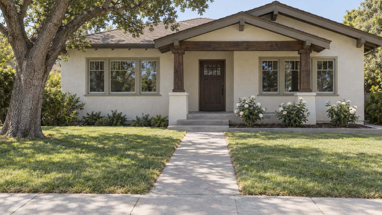 A low-gabled stucco bungalow with a shaded timber porch, deep front lawn, mature oak and white roses in soft morning light.