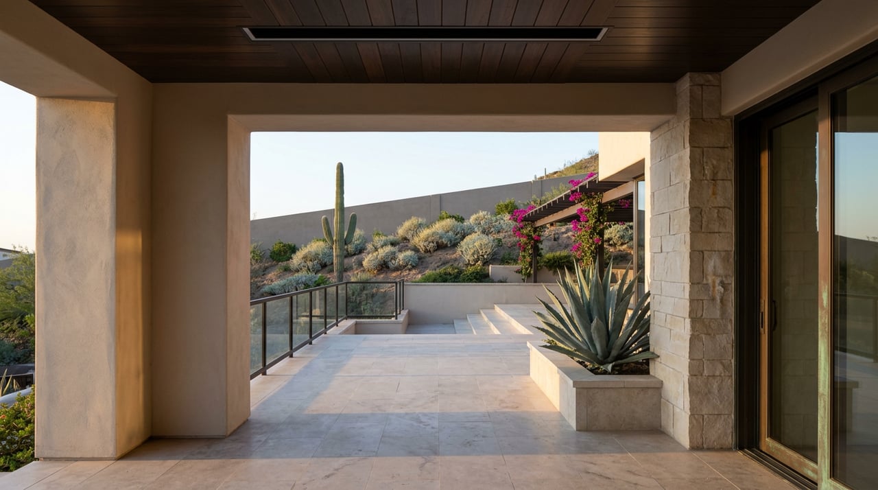 Covered loggia opens onto a stepped limestone terrace with an agave planter, glass railing, and desert garden.