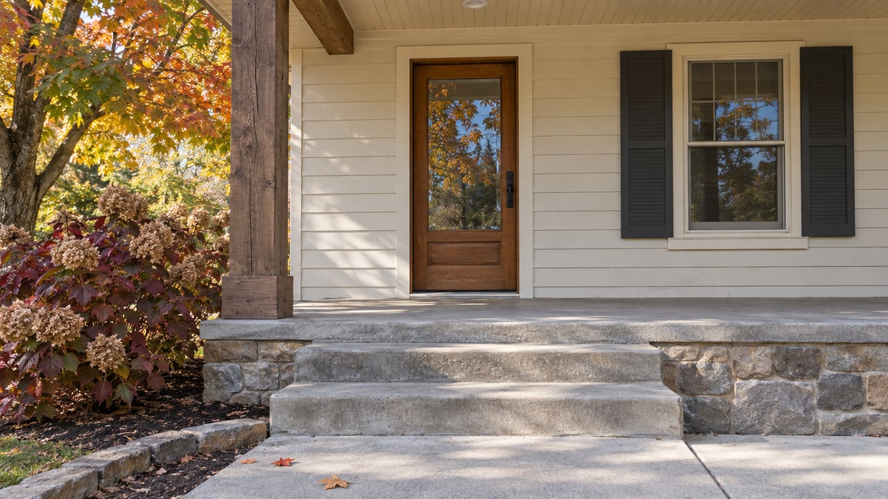 Autumn light on a timber-supported porch with cream siding, a glazed wood door, stone foundation and amber maple foliage.