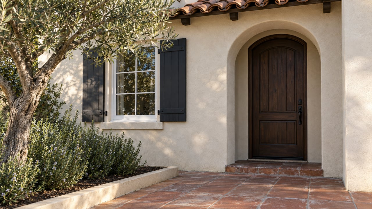 Cream stucco house with an arched wooden entry, shuttered window, terracotta paving, and olive tree.
