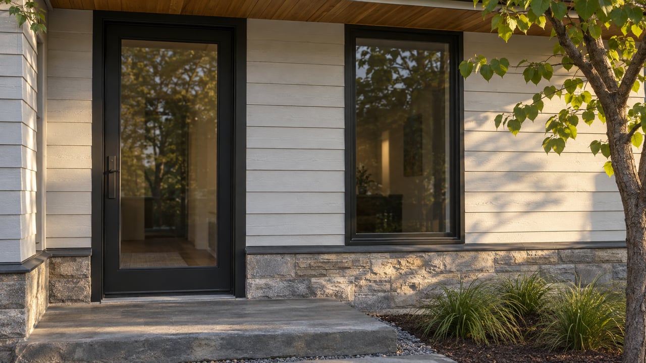 Residential entry with a black-framed glass door, pale siding, bluestone step, and a redbud tree at the edge.
