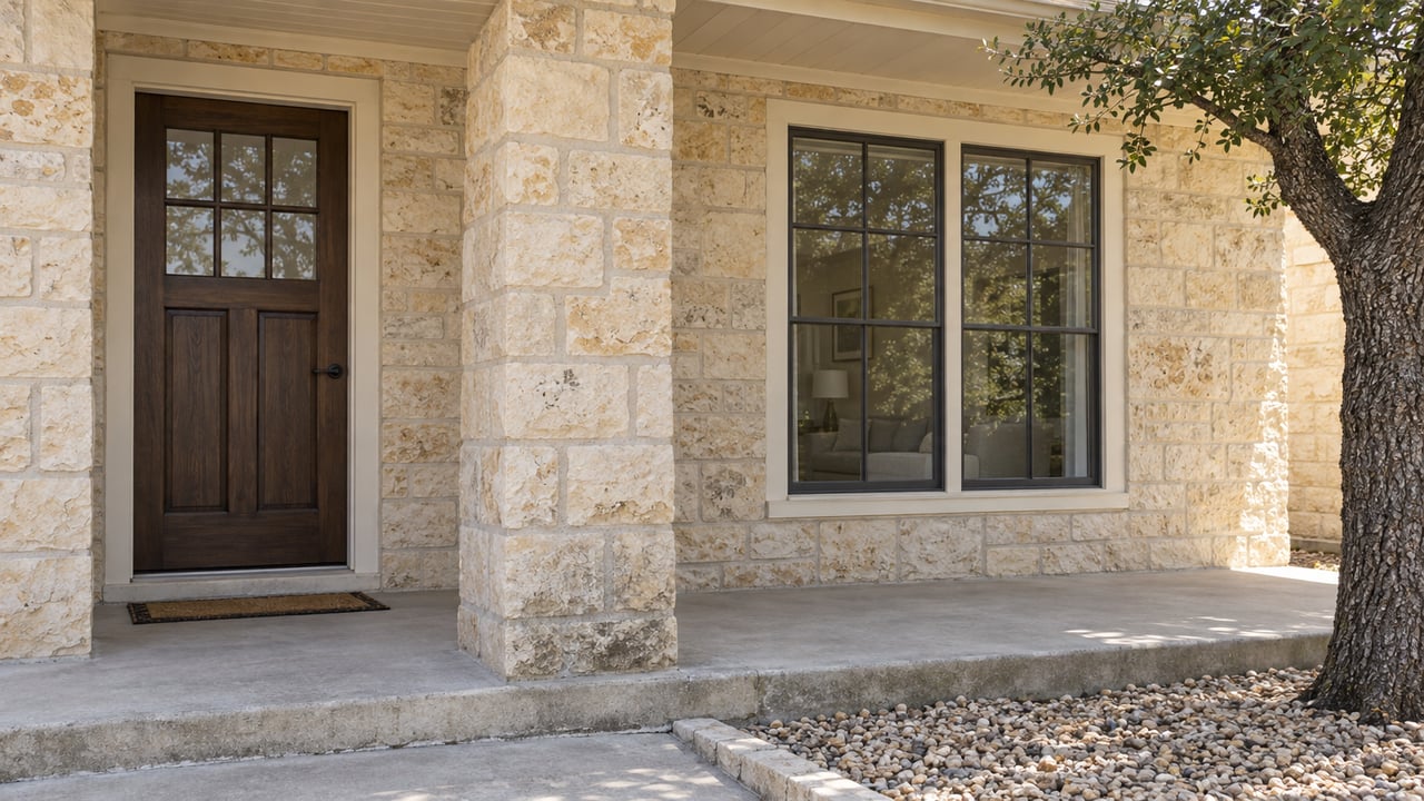 Warm limestone home entrance with a glazed wood door, cream-trimmed window, worn concrete step, and a live oak at the edge.