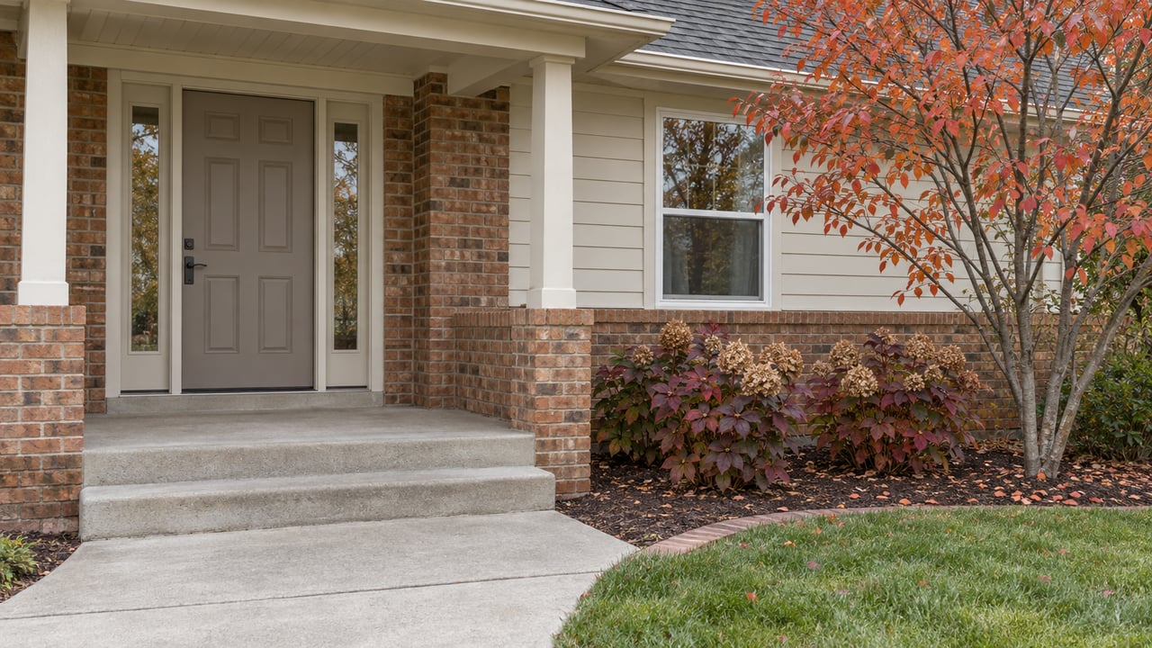 Brick-front house entrance with a covered porch, concrete steps, and autumn foliage.