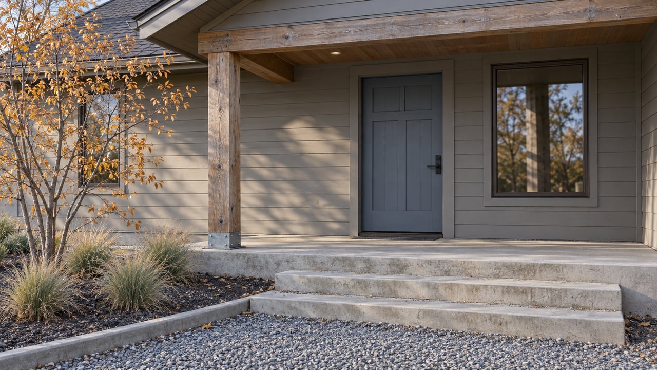 Warm-gray lap-sided home with a timber porch post, blue-gray front door and concrete steps beside autumn serviceberry.