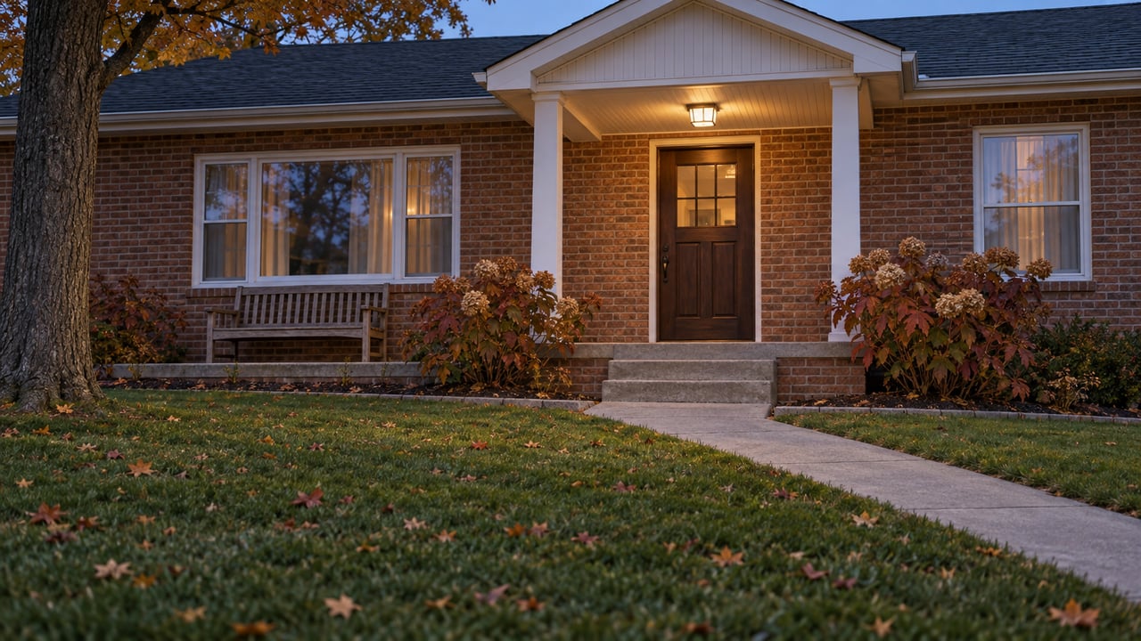 Twilight on a brick home's covered front porch, with a concrete walk across a broad lawn and autumn maple leaves.