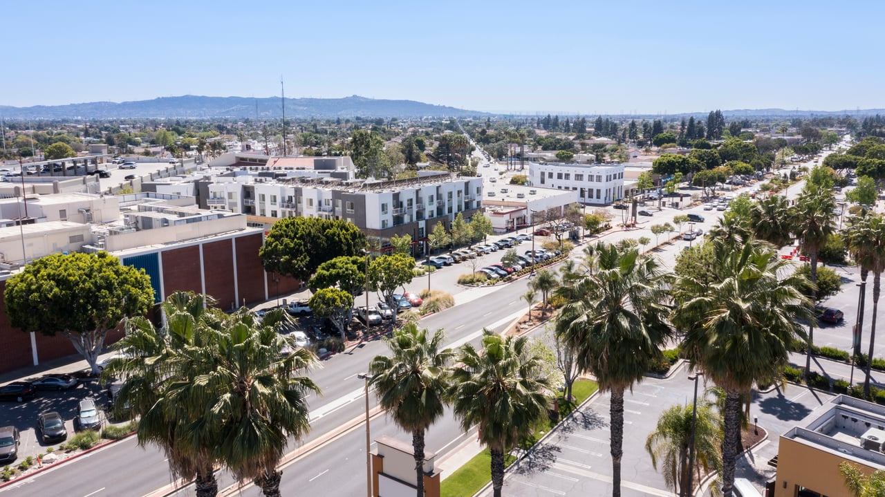 View Park–Windsor Hills, with palm-lined streets, commercial buildings, and distant hills.