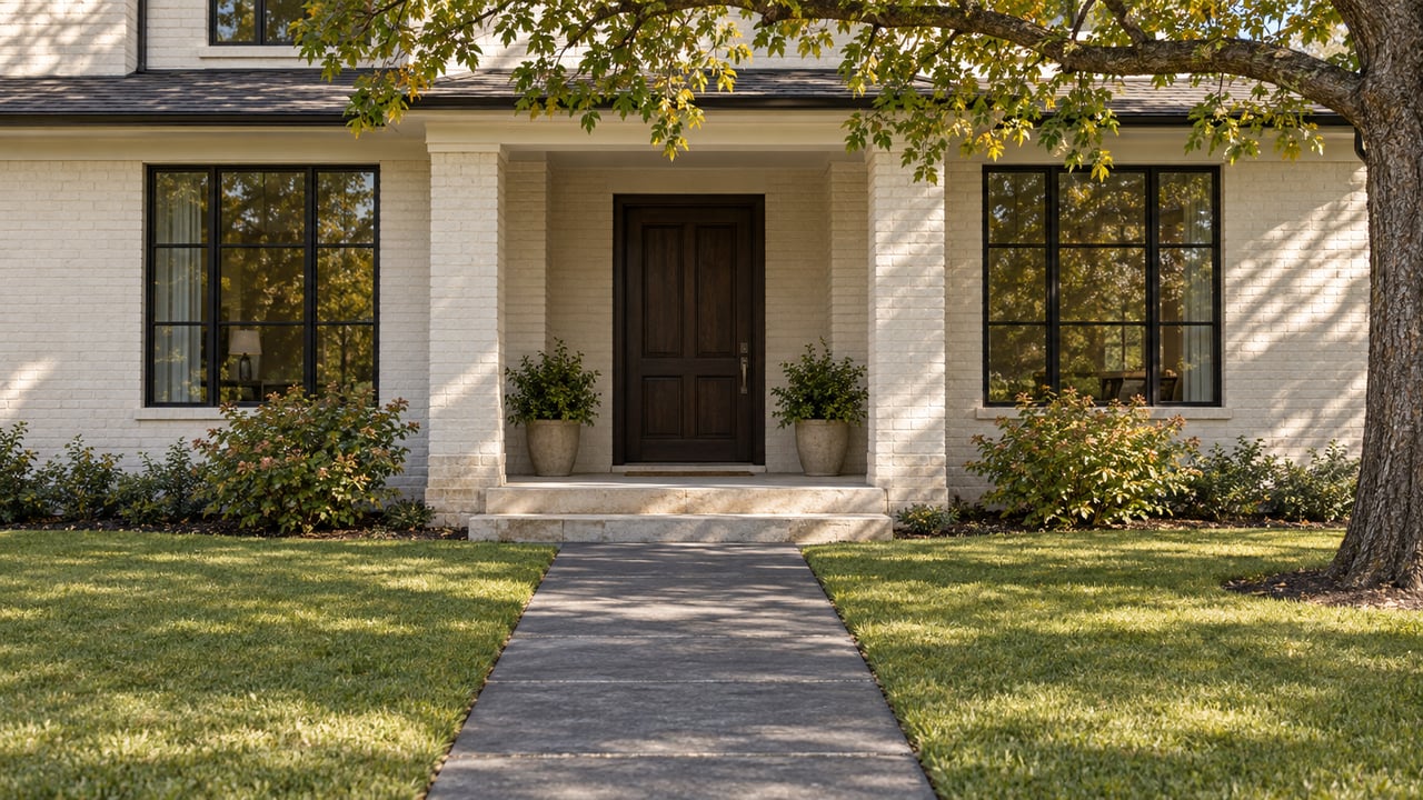 Off-white brick house with a dark timber door, limestone step, lawn, and an overhanging oak branch.