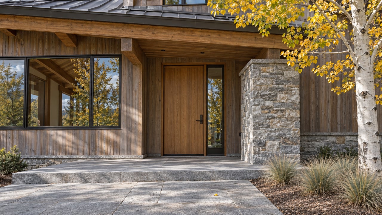 Timber-and-stone home entry with weathered cedar siding, bronze-framed glazing, granite paving and a yellow-leaved aspen.
