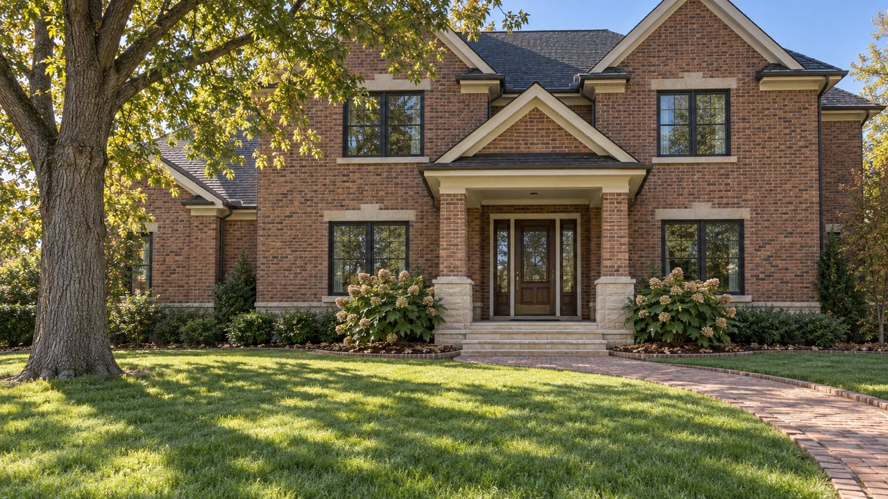 Low lawn-level view of a brick home with limestone details, a covered entry, a curved brick walk, and a mature white oak.