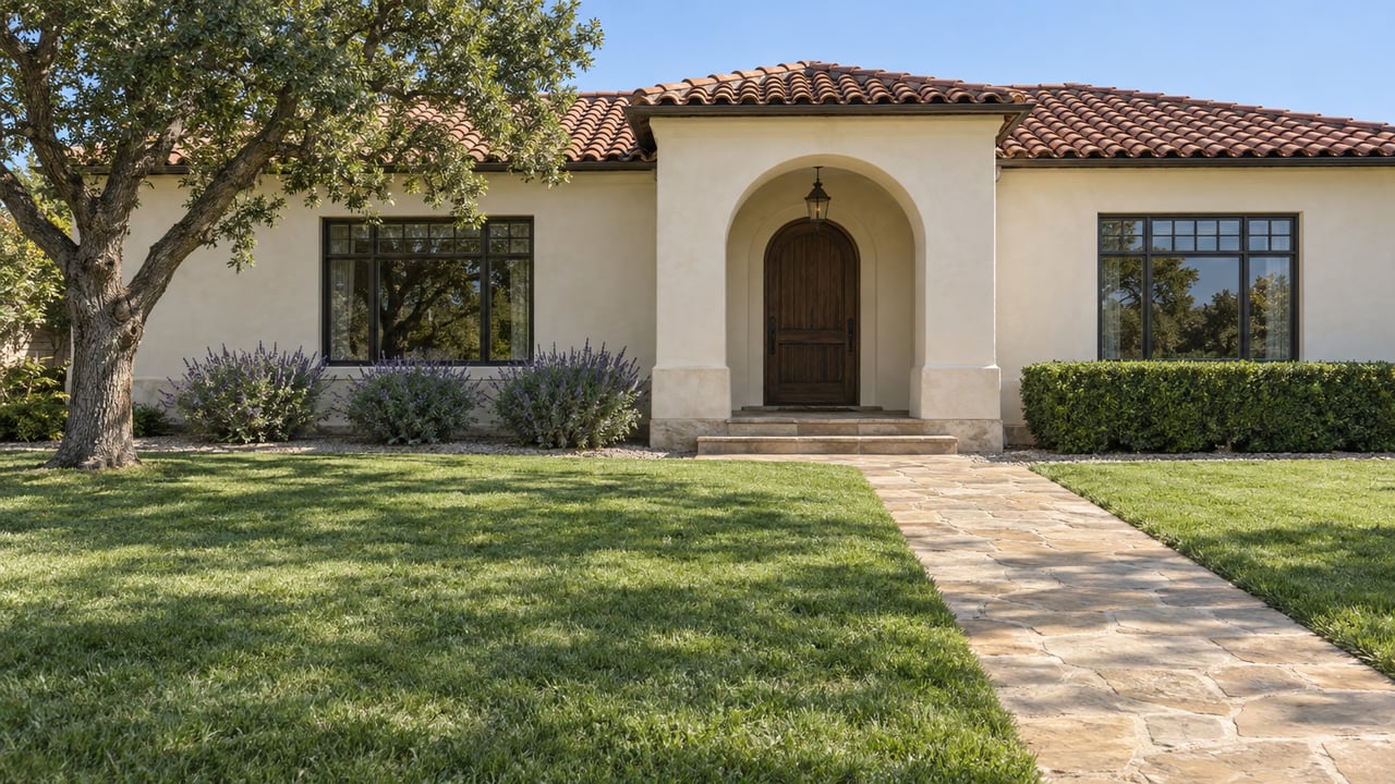 Cream stucco home with a red clay tile roof, arched entry, sandstone walk and broad front lawn beneath a mature oak.