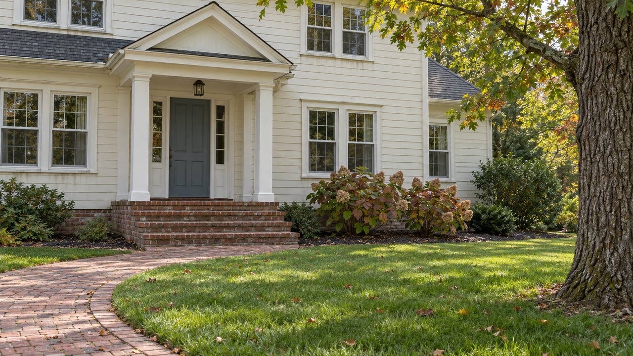 Ivory-sided traditional house with a covered blue-gray entry, weathered brick walk and mature oak beside a deep front lawn.