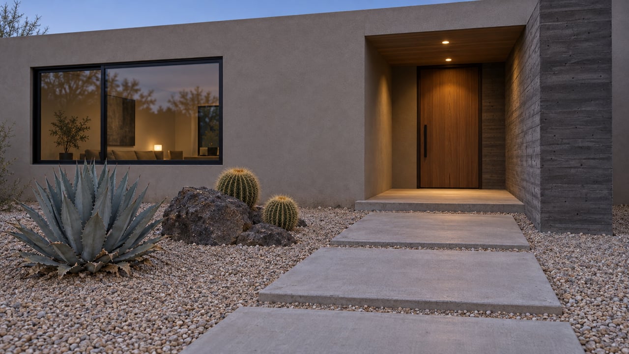 Blue-hour contemporary home with taupe stucco, a charcoal concrete entry, warm wood door, and concrete approach slabs through a gravel garden of agave and barrel cacti.