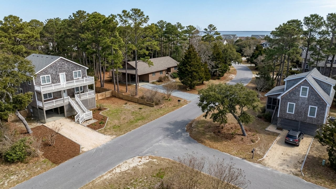 Aerial view of coastal homes among pine trees, with a curving road and ocean beyond.