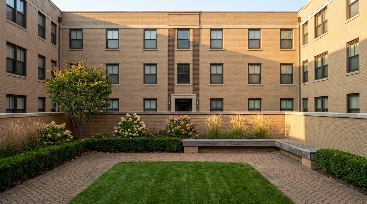 Enclosed brick courtyard with a central lawn, clipped hedge, flowering shrubs, and a wood bench beneath apartment windows.