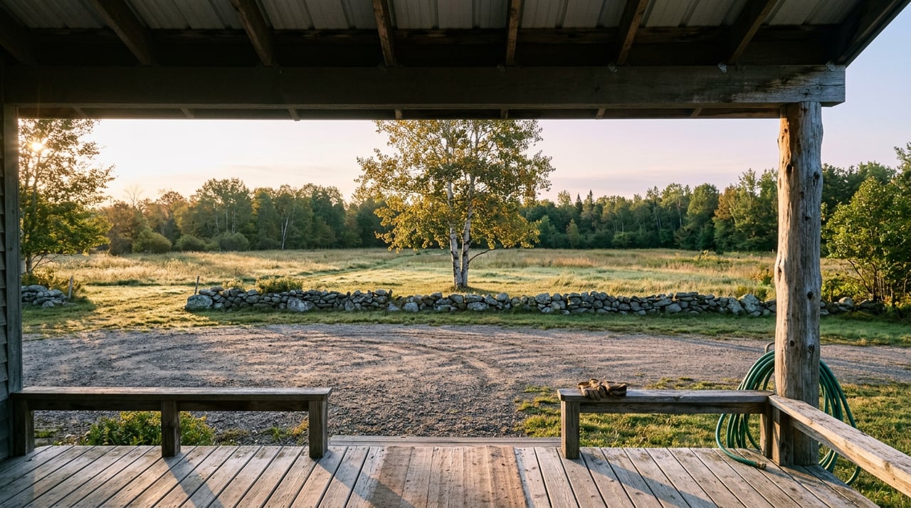 Covered porch overlooks gravel drive and meadow, with a sunlit aspen, spruce, and stone wall.