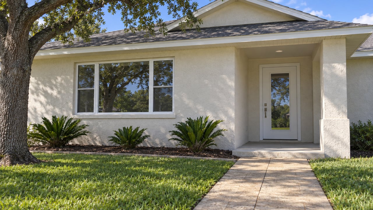 Sunlit ivory-stucco home with a recessed front door, pale paved approach, and a spreading live oak shading the lawn.