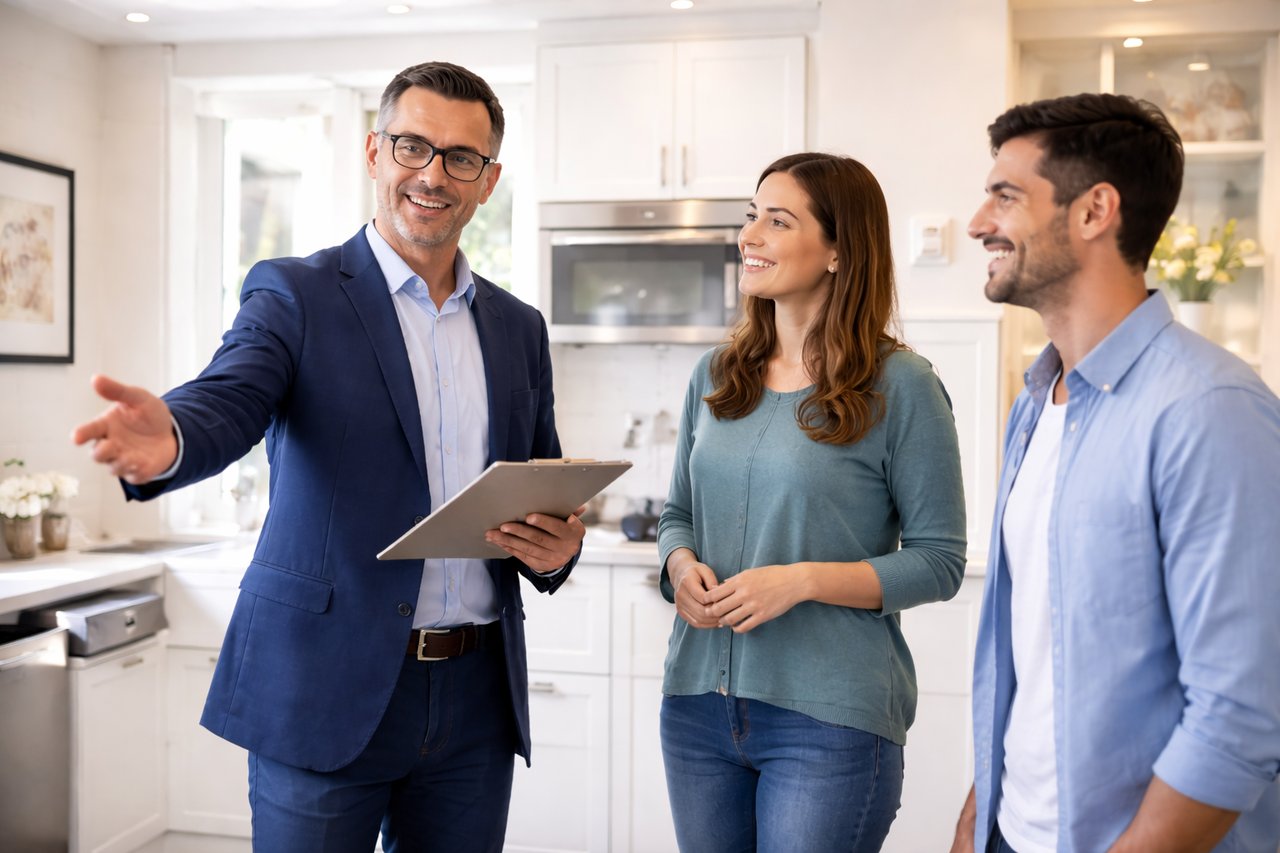 Real estate agent showing a home to buyers while explaining the purchase process