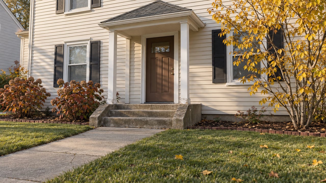 Autumn afternoon light on an ivory clapboard home's covered entry, worn concrete walk and yellow witch-hazel leaves.