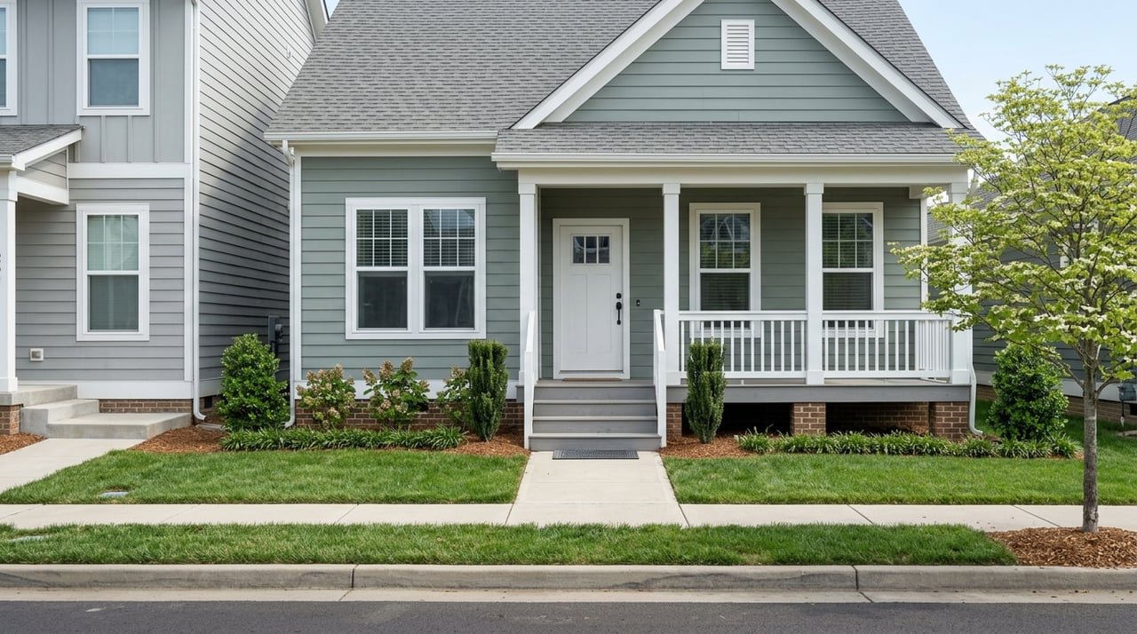 Detached house beside a townhome, with cool-neutral facades and street-level landscaping.