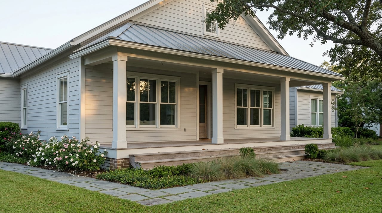 Gray-sided home with raised porch, cedar steps, bluestone path, flowering border, and live-oak canopy.