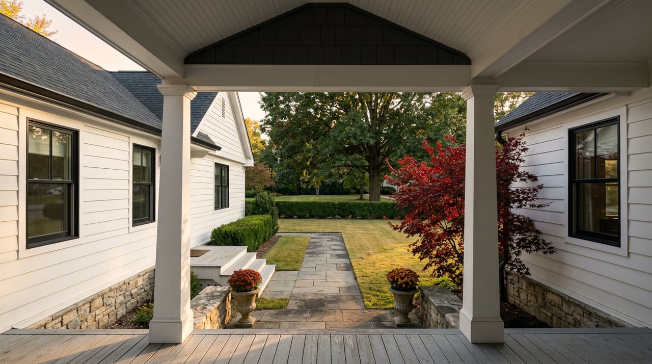 White-sided home’s shaded porch frames sunlit stone steps, a bluestone path, lawn, and red-leaved Japanese maple.