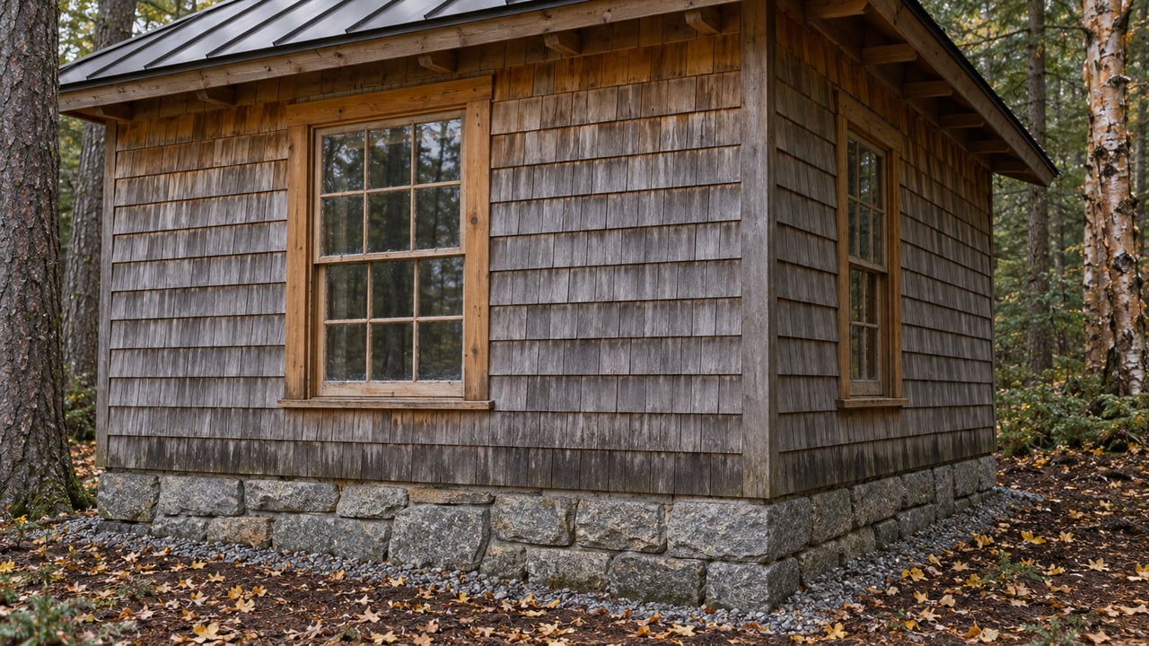 Weathered cedar-shingle cabin with two six-over-six windows above a raised granite-block foundation, among trees.
