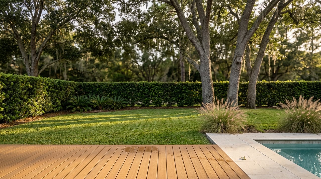 Lanai decking overlooks a mown lawn, clipped hedge, and moss-draped oak trees; turquoise pool water edges the frame.