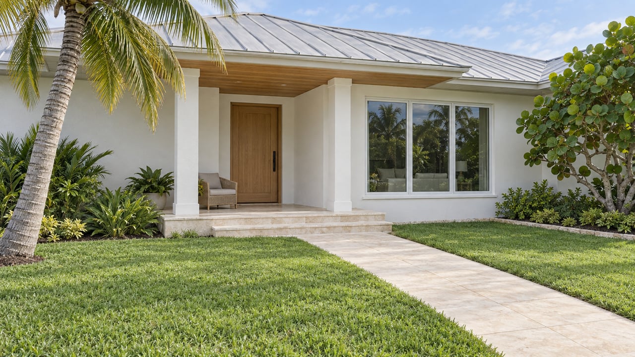 White single-story home with a silver metal roof, shaded limestone veranda, deep lawn, and a curved coconut palm.