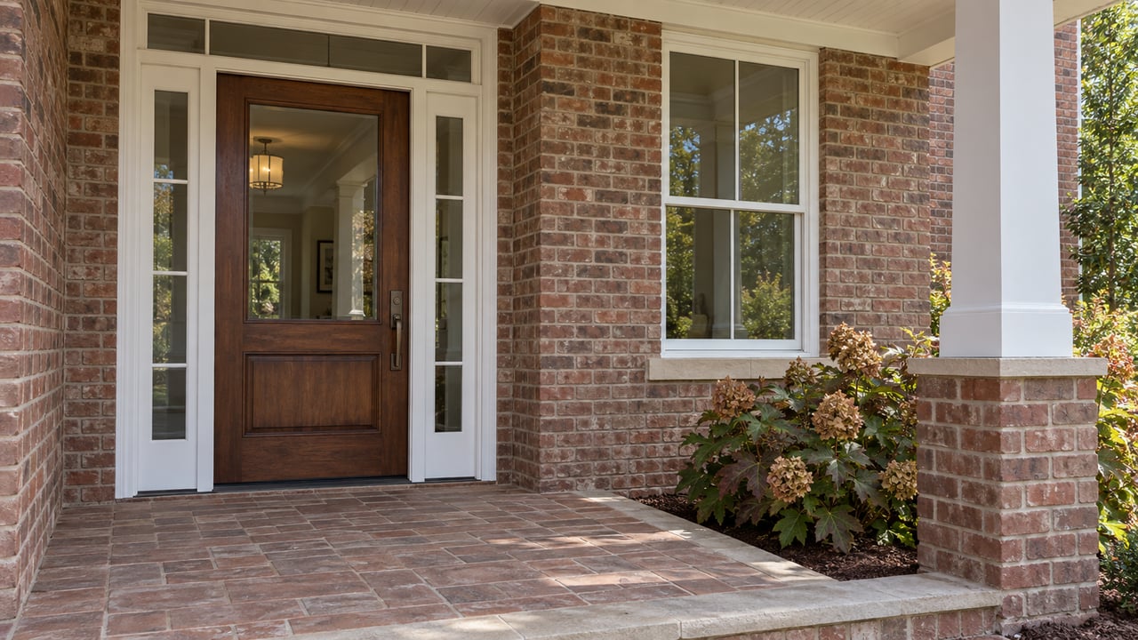 Sunlit brick home entry with a walnut door, white sidelights, clay porch pavers and an oakleaf hydrangea.