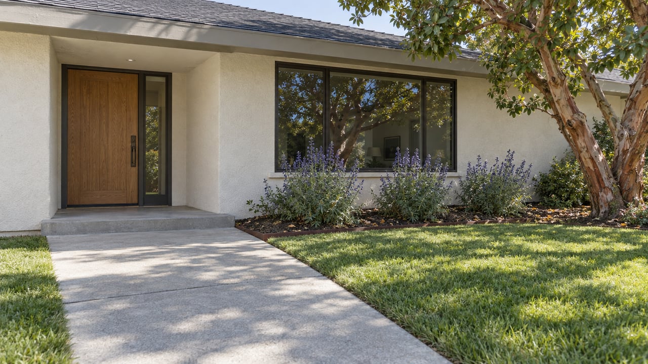 An ivory stucco home with an oak front door, bronze-framed window, lawn, and peeling-bark tree beside its concrete approach.