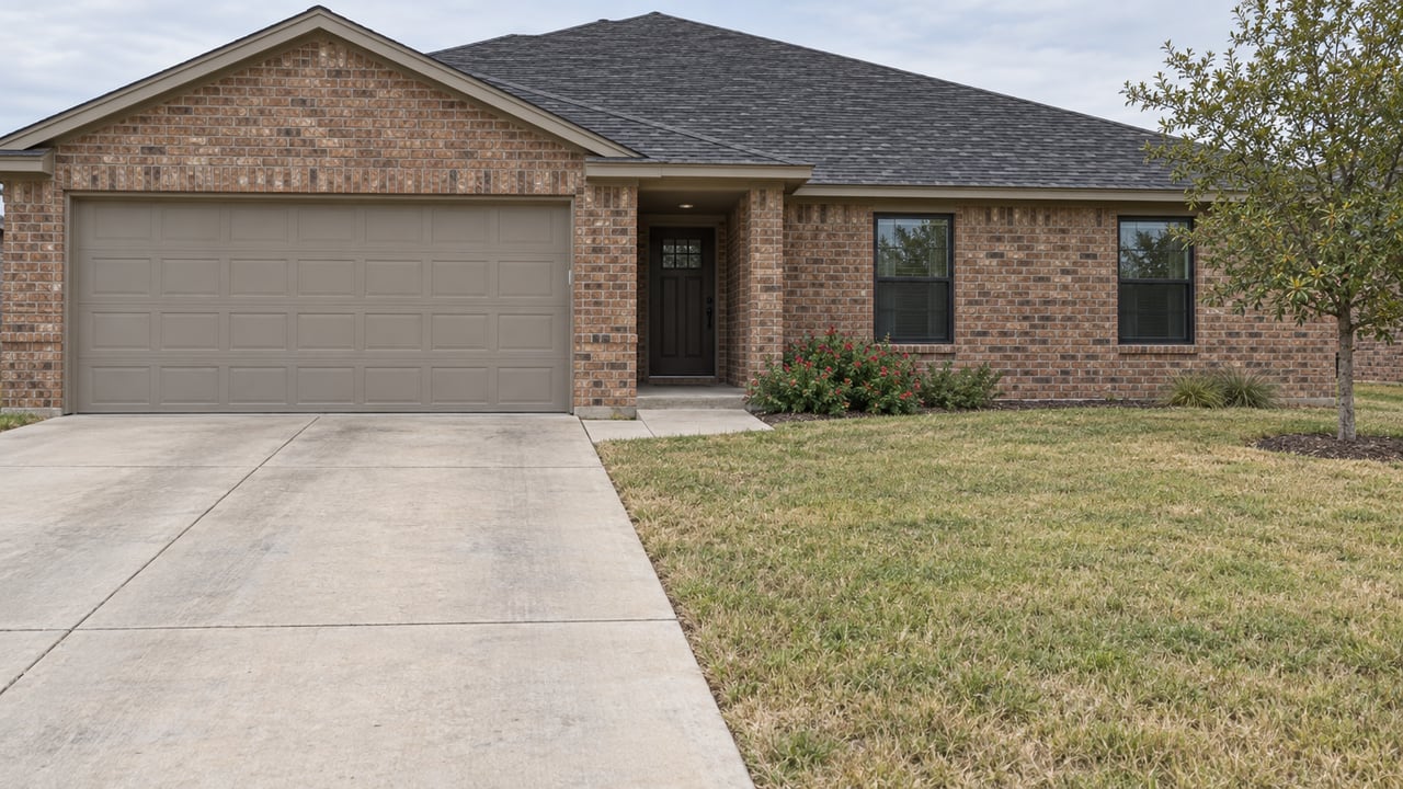 Single-story red-brown brick house with a broad garage, recessed entry, concrete driveway, and lawn.