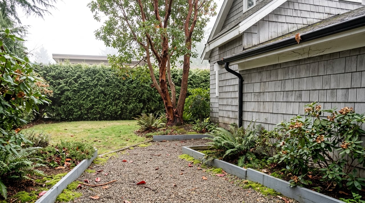 Gravel path through a leafy garden toward a weathered cedar-shingle house, framed by an arbutus tree and clipped hedge.
