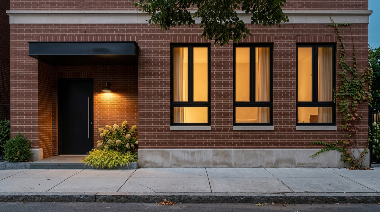 Three-story red-brown brick apartment facade with glowing upper windows, recessed entry, and tree canopy.